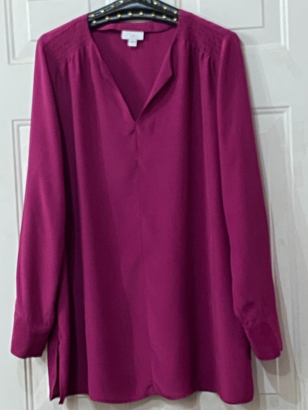 J. Jill Sz M Blouse Tunic Shirt Festival Fuchsia Long Sleeve Gathered Shoulder